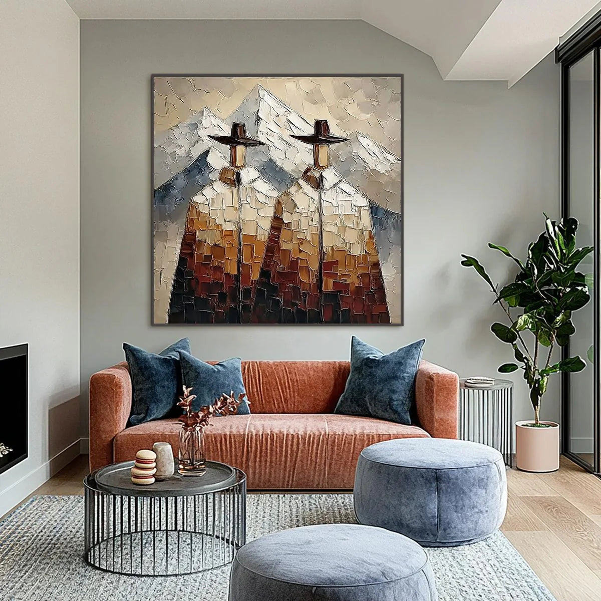 Alpine Companions: Two Figures in the Mountains Oil Painting — reference gallery image 2. Room styling and framing are illustrative.