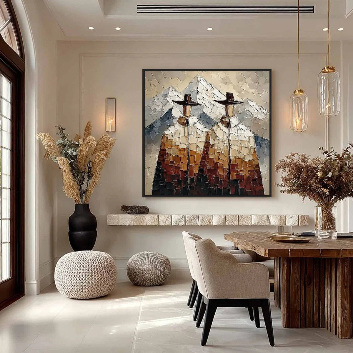 Alpine Companions: Two Figures in the Mountains Oil Painting — reference gallery image 4. Room styling and framing are illustrative.