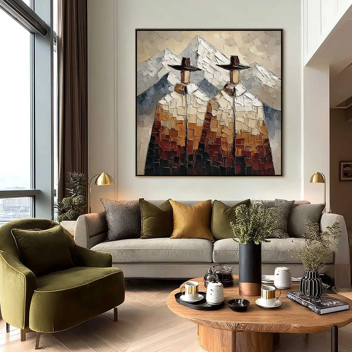 Alpine Companions: Two Figures in the Mountains Oil Painting — reference gallery image 6. Room styling and framing are illustrative.