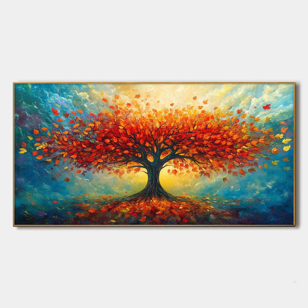 Panoramic autumn tree painting reference with orange and red leaves against a blue-green sky