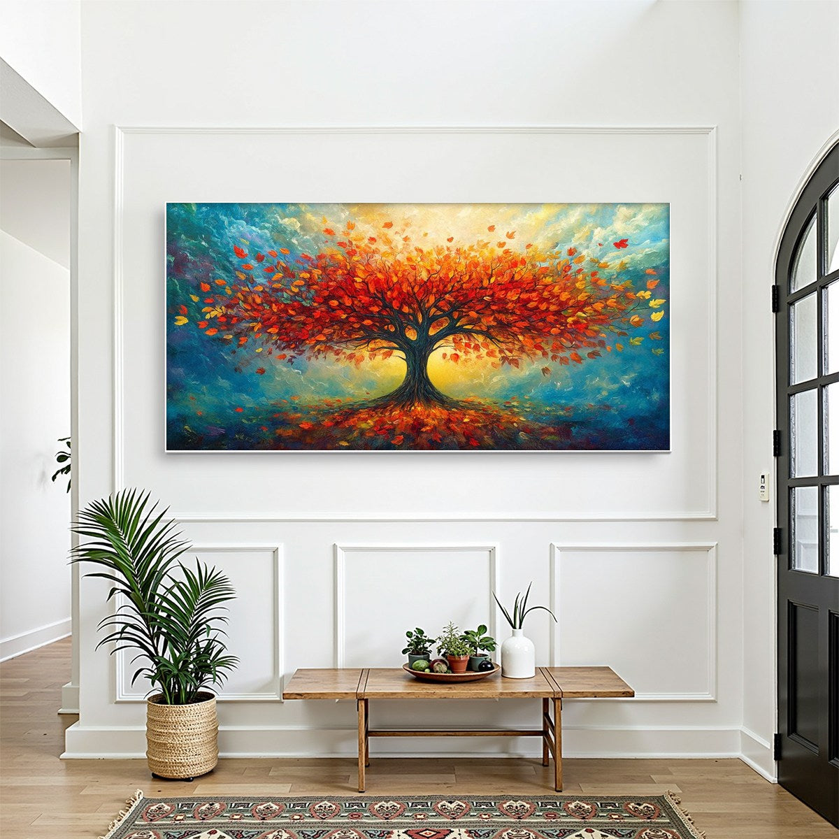 Autumn Fire: Orange Tree Landscape Oil Painting — reference gallery image 2. Room styling and framing are illustrative.
