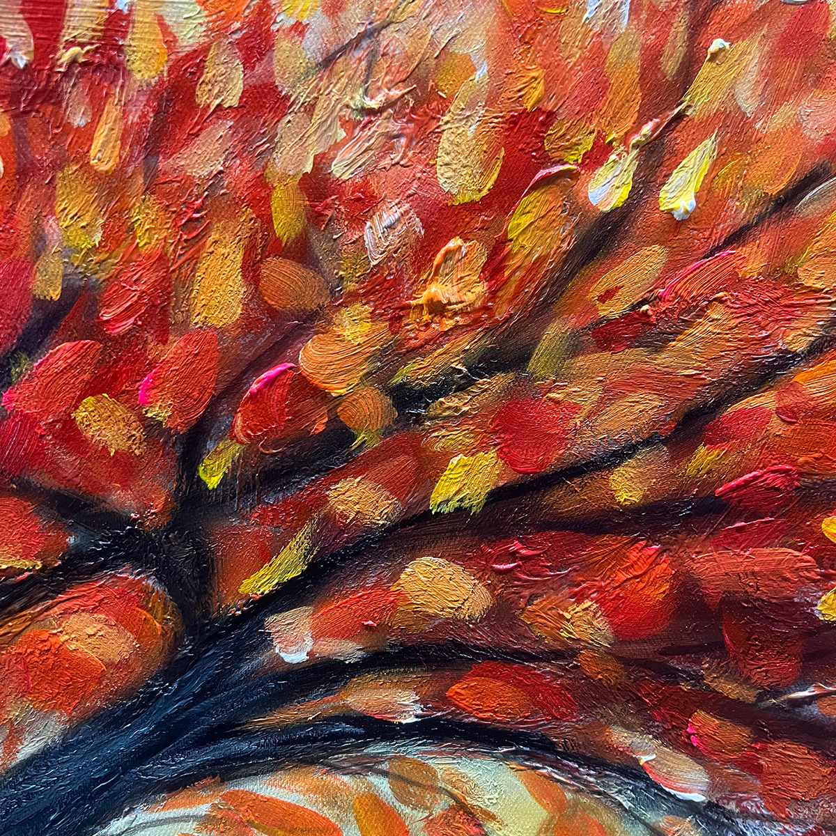 Autumn Fire: Orange Tree Landscape Oil Painting — reference gallery image 3. Room styling and framing are illustrative.