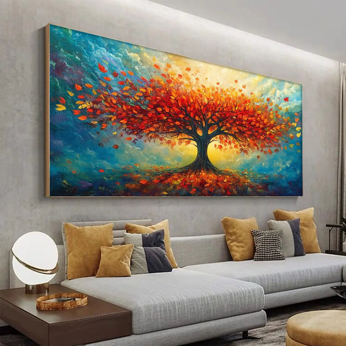 Autumn Fire: Orange Tree Landscape Oil Painting — reference gallery image 4. Room styling and framing are illustrative.