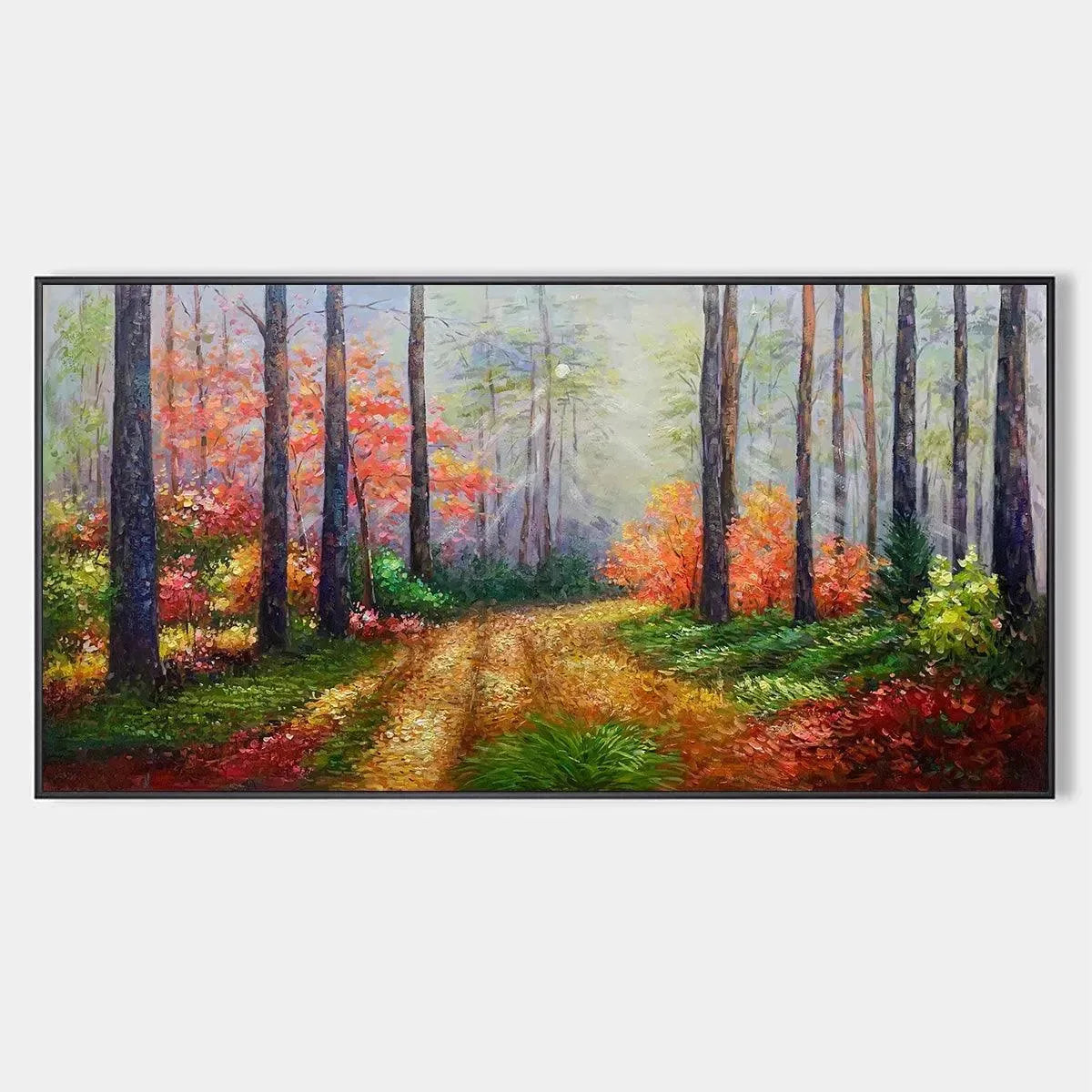 Panoramic forest painting reference showing a winding woodland path with orange foliage and green undergrowth