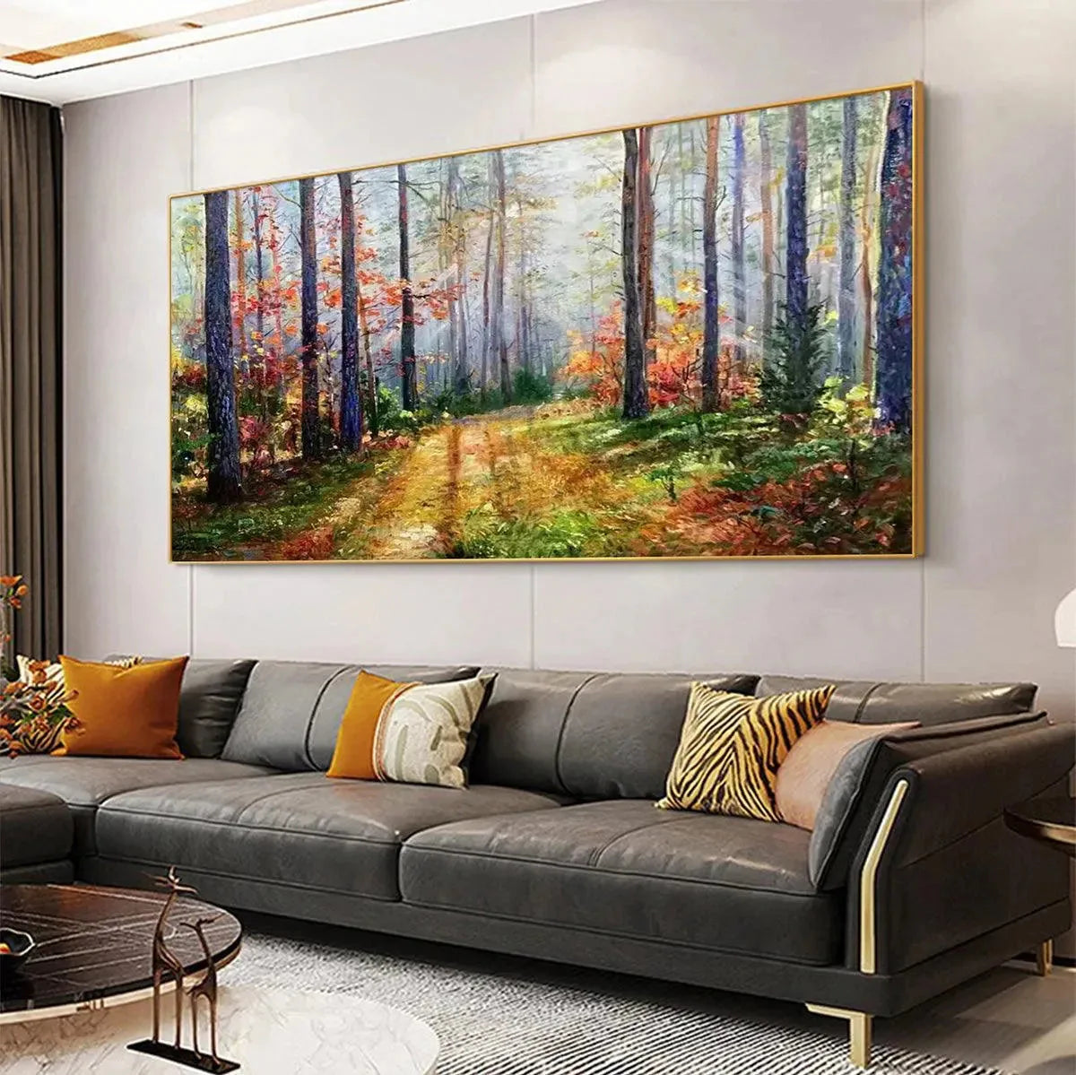 Autumn Forest Path: Panoramic Woodland Oil Painting — reference gallery image 4. Room styling and framing are illustrative.