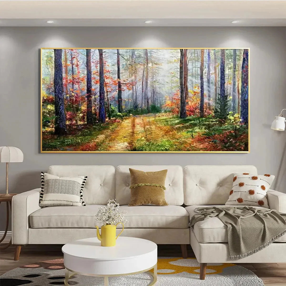 Autumn Forest Path: Panoramic Woodland Oil Painting — reference gallery image 6. Room styling and framing are illustrative.