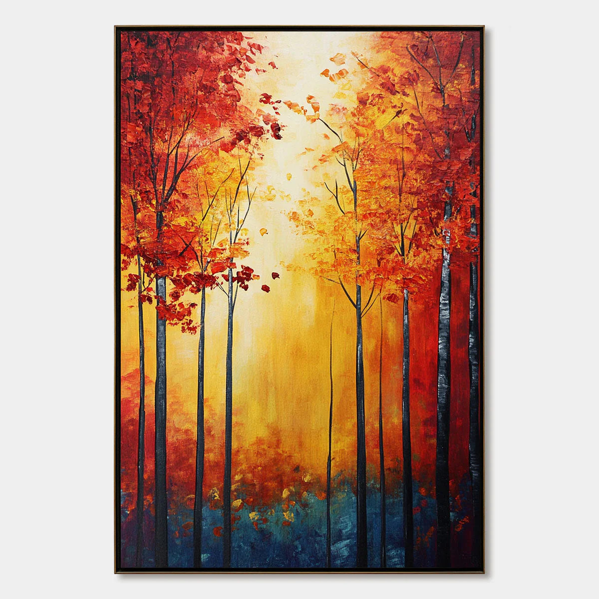 Vertical textured autumn forest painting reference with dark tree trunks and glowing orange and golden light