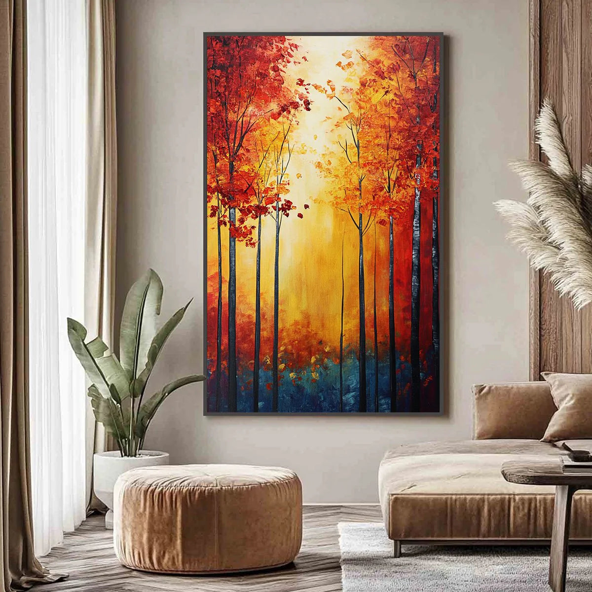 Autumn Glow: Textured Sunlit Forest Oil Painting — reference gallery image 2. Room styling and framing are illustrative.