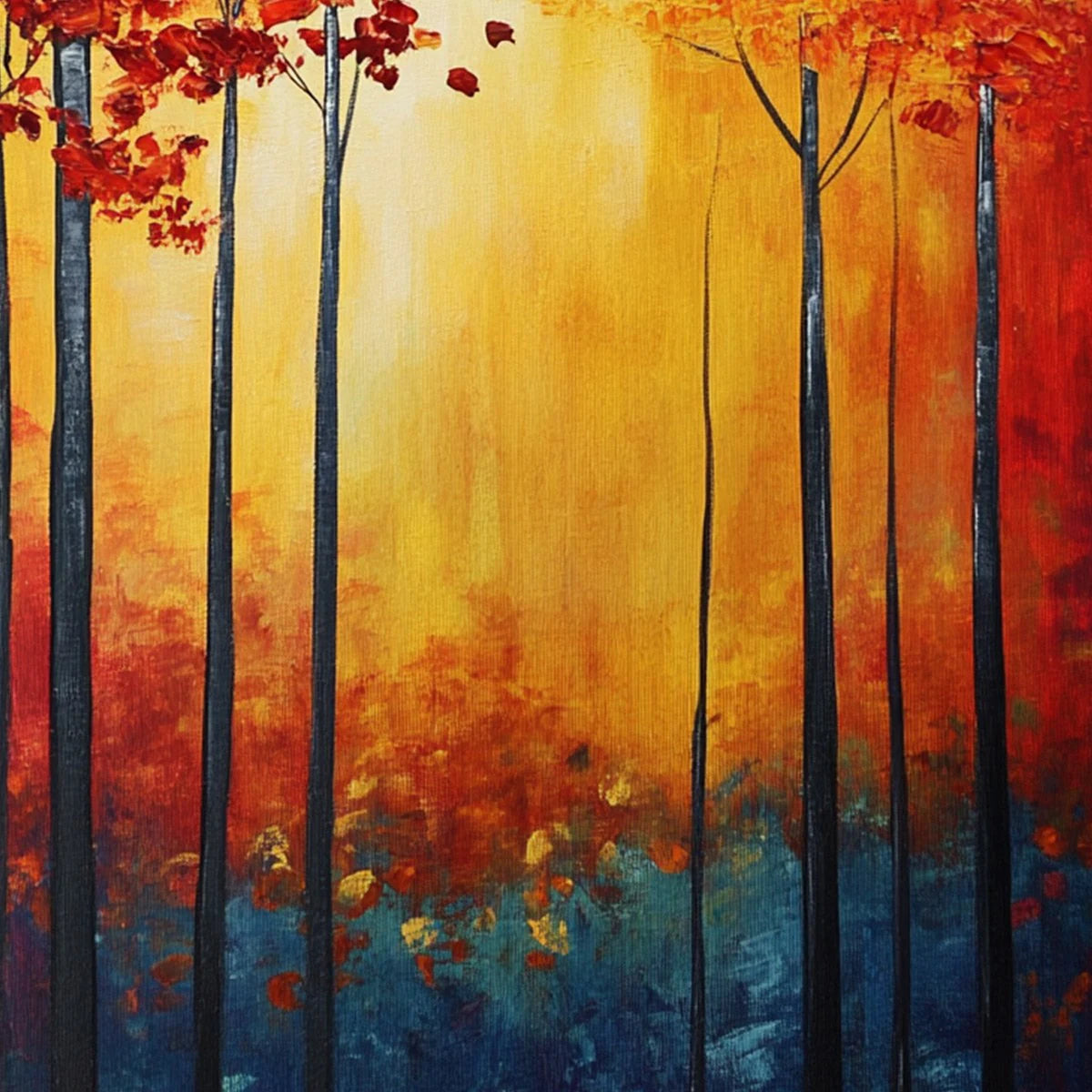 Autumn Glow: Textured Sunlit Forest Oil Painting — reference gallery image 3. Room styling and framing are illustrative.