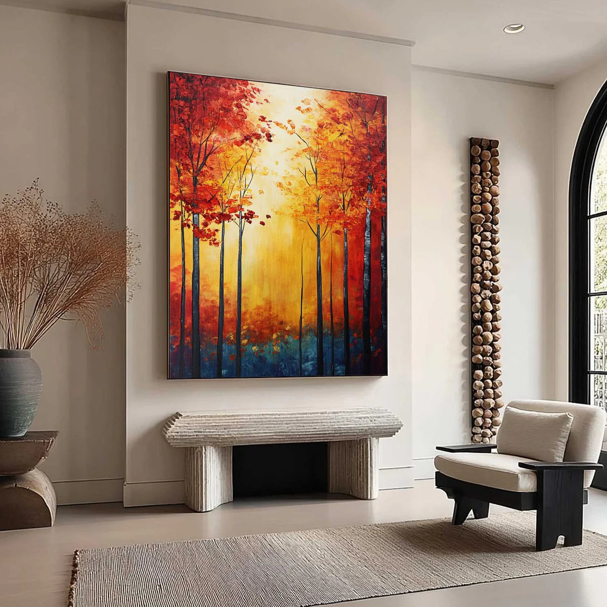 Autumn Glow: Textured Sunlit Forest Oil Painting — reference gallery image 4. Room styling and framing are illustrative.