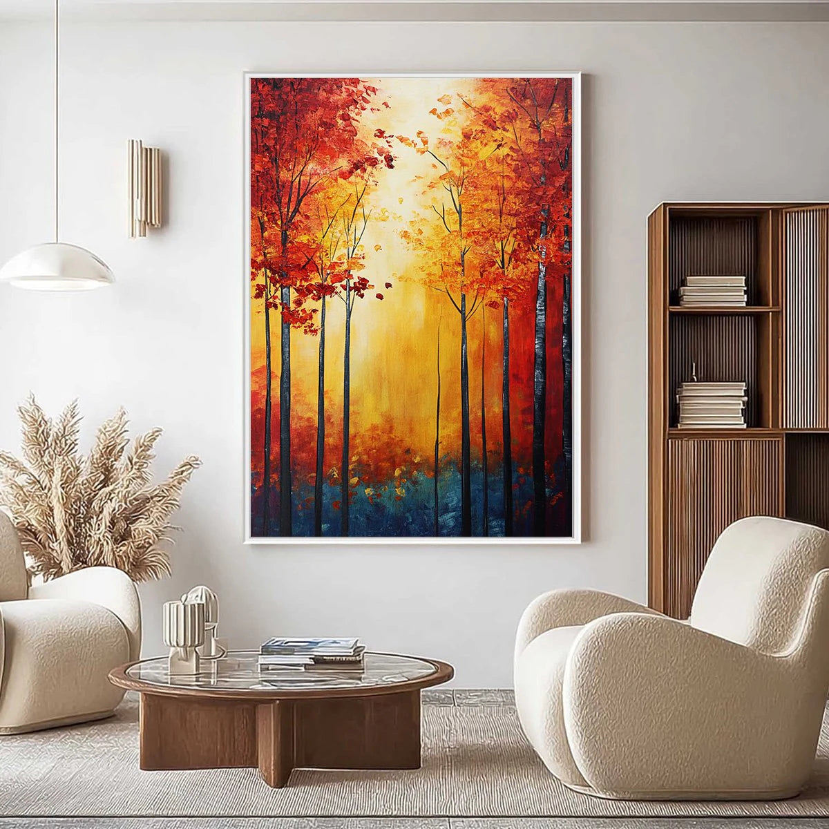 Autumn Glow: Textured Sunlit Forest Oil Painting — reference gallery image 5. Room styling and framing are illustrative.