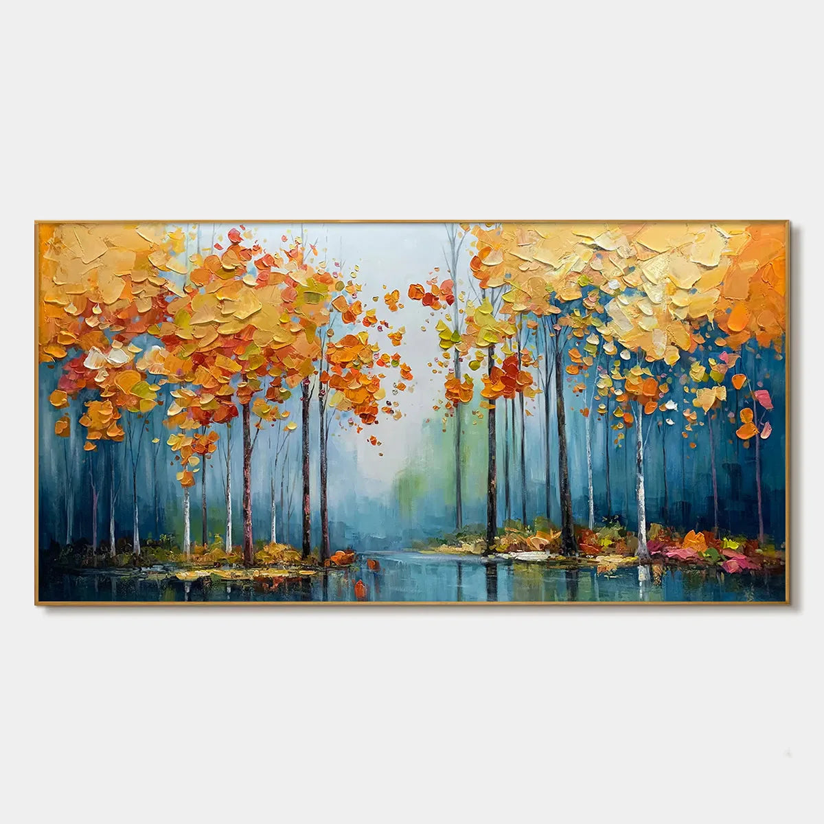 Panoramic autumn forest painting reference with golden foliage, blue trunks and reflections in a still lake