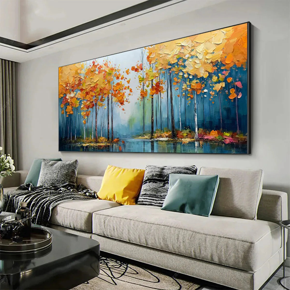 Autumn Reflections: Colourful Forest and Lake Oil Painting — reference gallery image 4. Room styling and framing are illustrative.