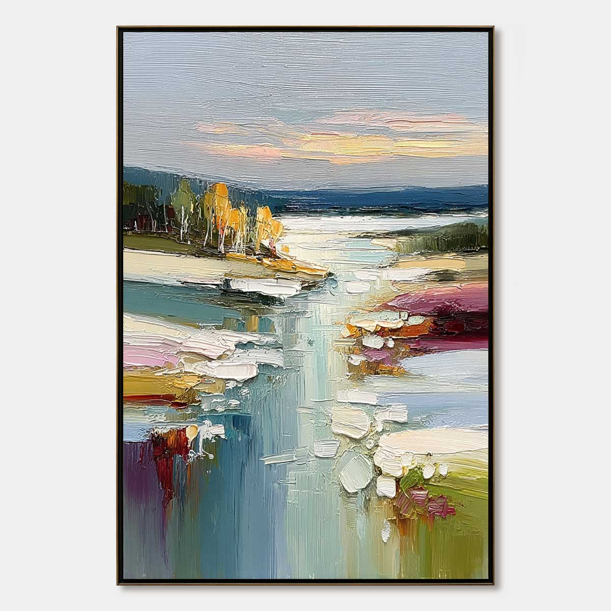 Vertical textured abstract river painting reference in ivory, pale blue, rose, olive and muted gold