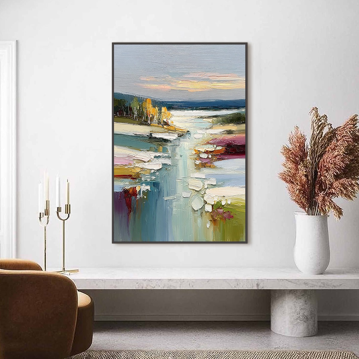 Autumn Reflections: Textured Abstract River Oil Painting — reference gallery image 2. Room styling and framing are illustrative.