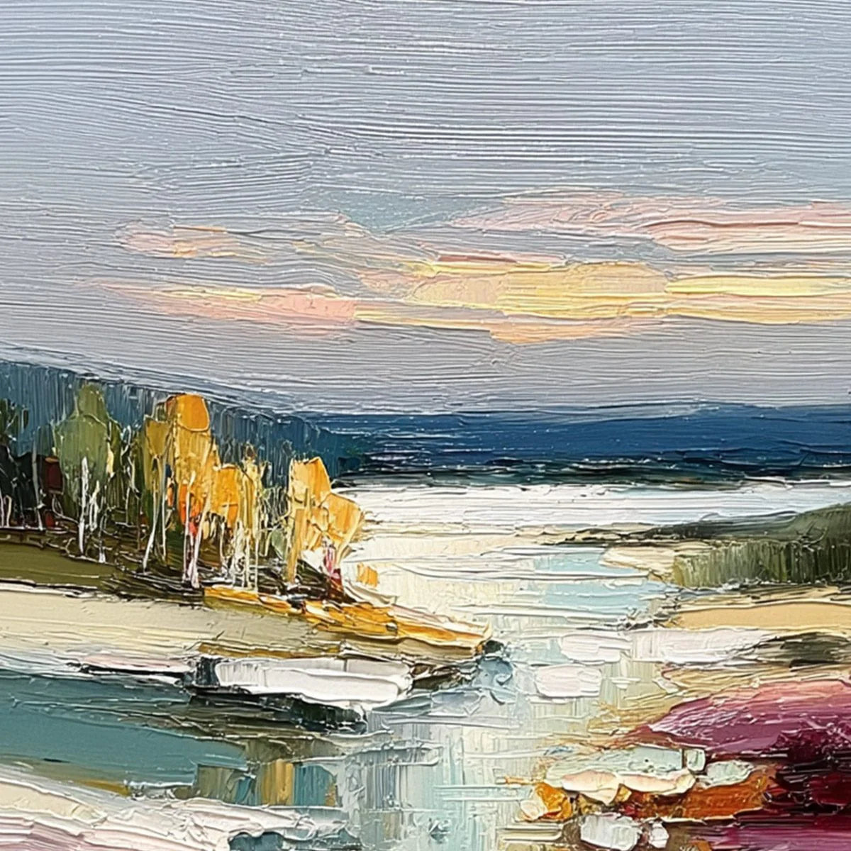 Autumn Reflections: Textured Abstract River Oil Painting — reference gallery image 3. Room styling and framing are illustrative.