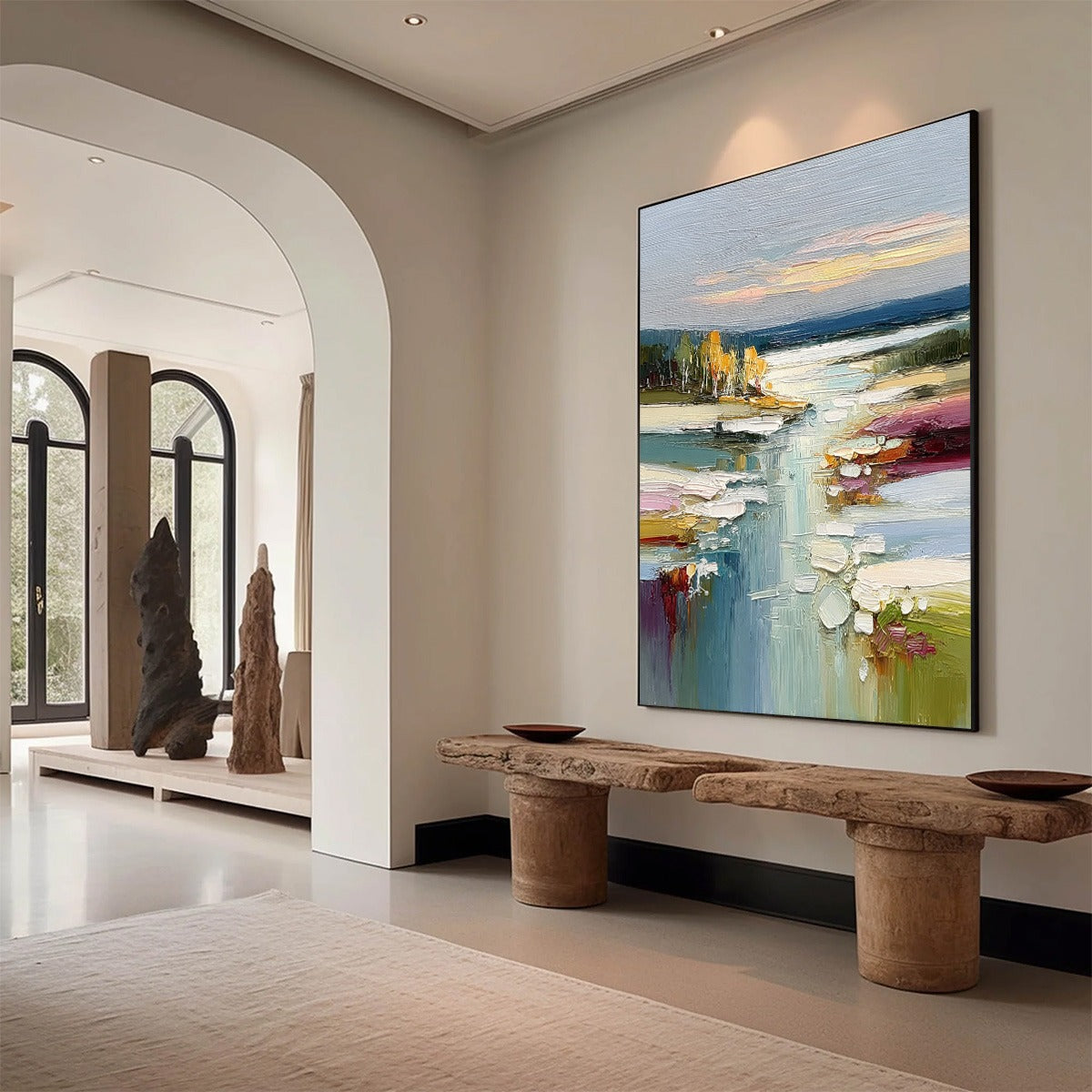 Autumn Reflections: Textured Abstract River Oil Painting — reference gallery image 7. Room styling and framing are illustrative.