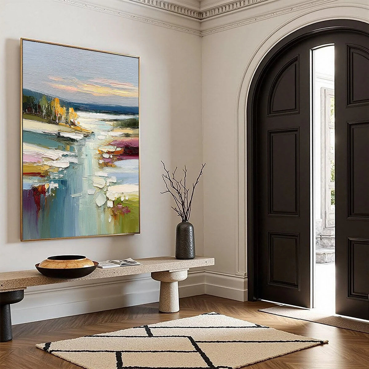 Autumn Reflections: Textured Abstract River Oil Painting — reference gallery image 8. Room styling and framing are illustrative.