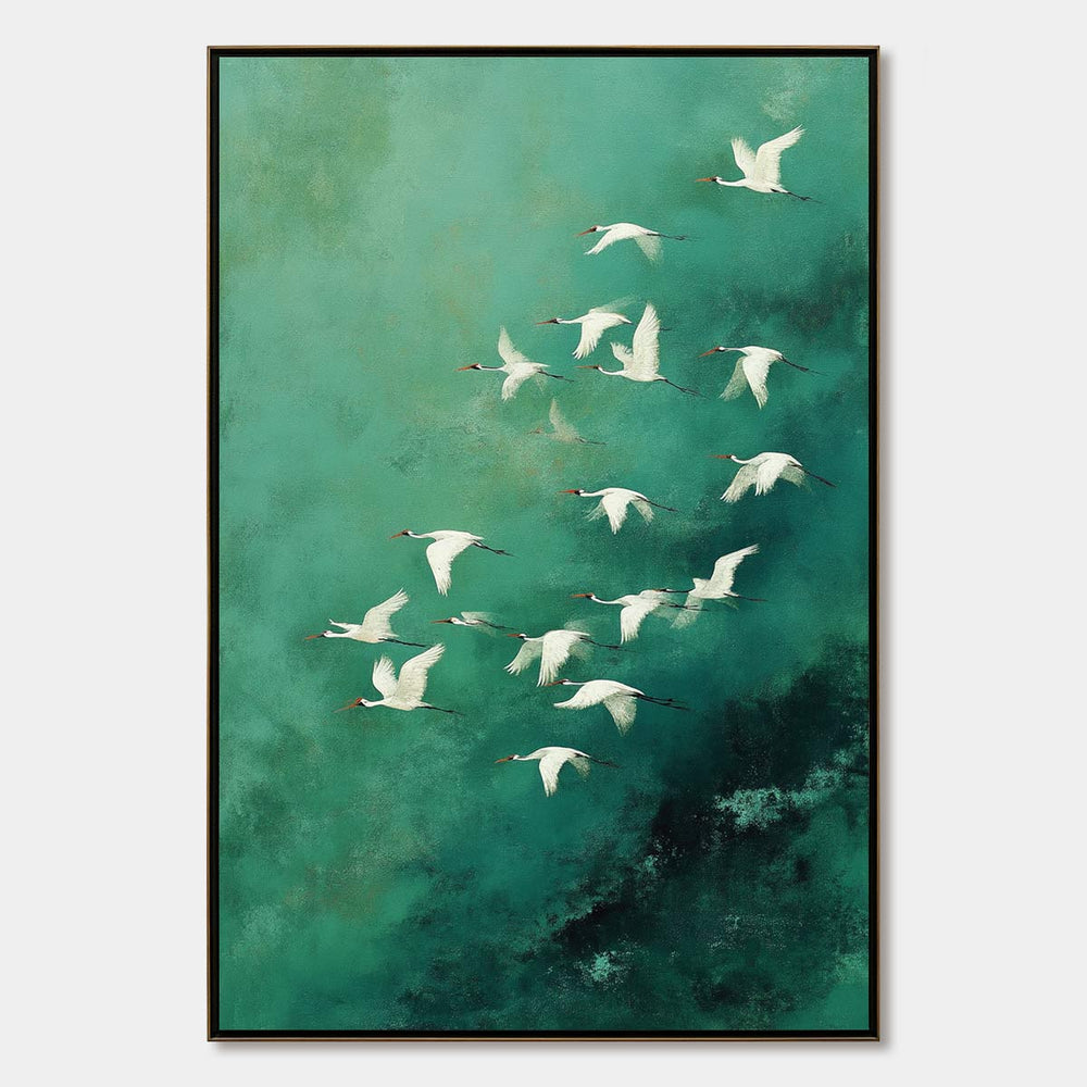 Vertical painting reference of white cranes flying across an emerald green background