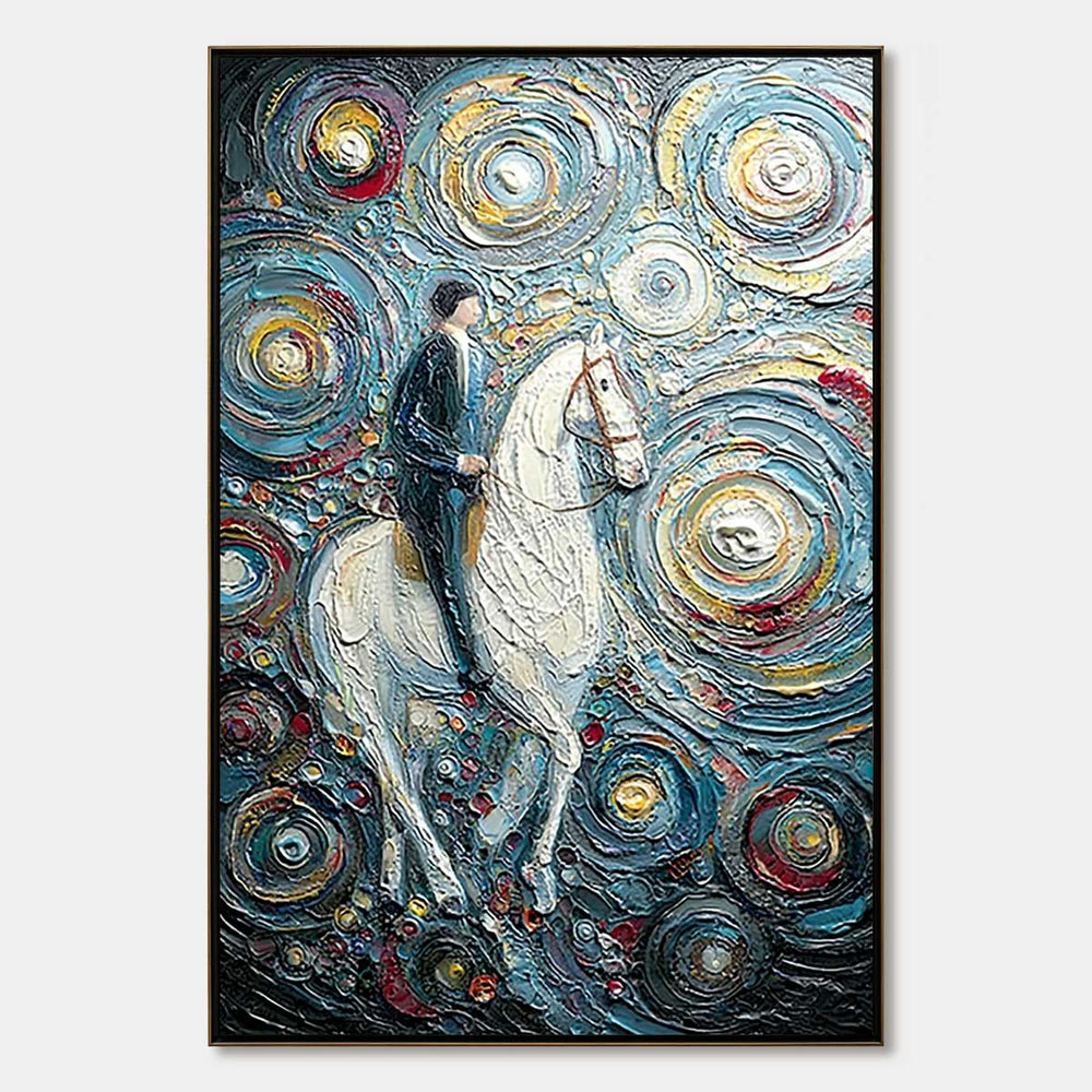 Vertical textured painting reference of a rider on a white horse surrounded by swirling blue, ivory and gold forms