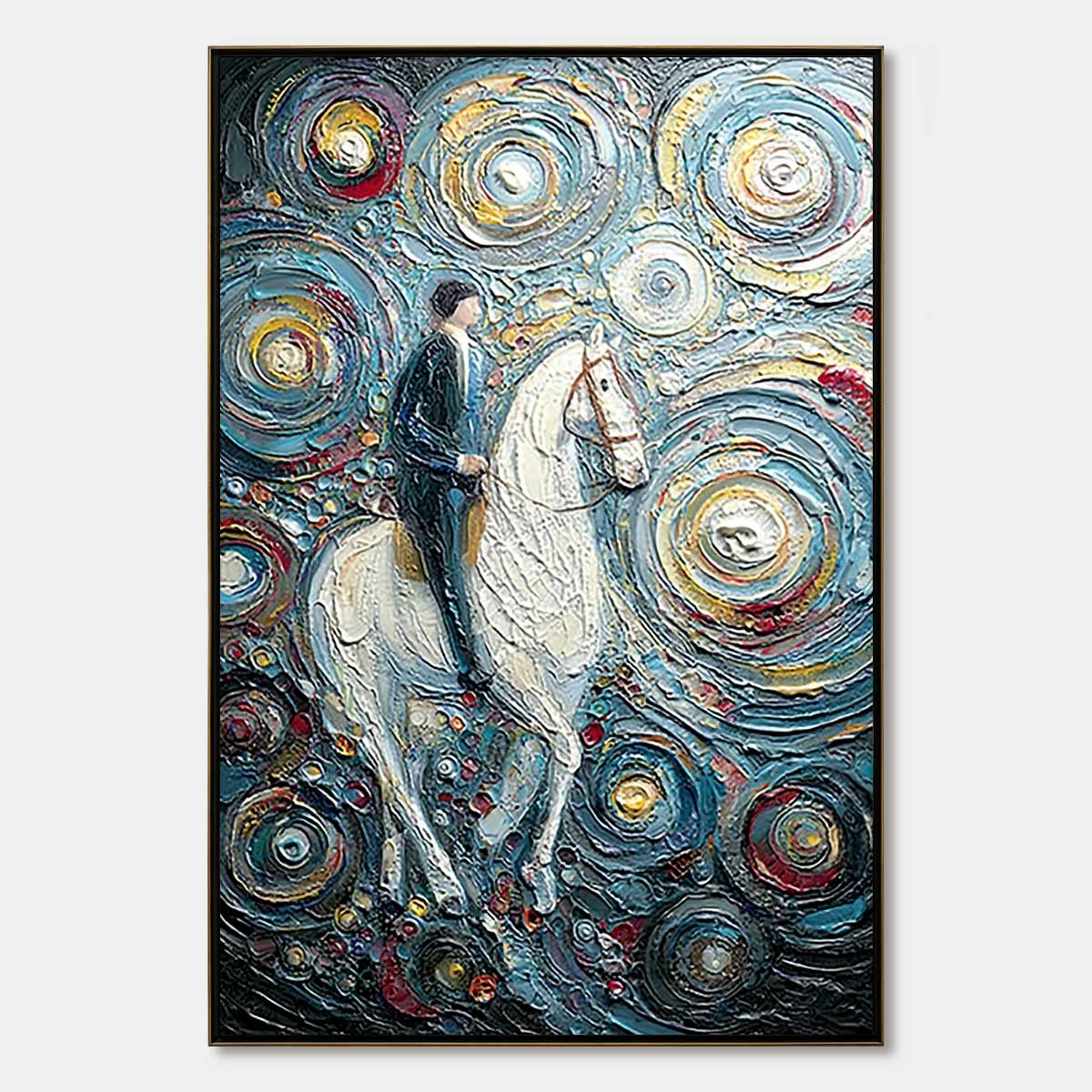 Vertical textured painting reference of a rider on a white horse surrounded by swirling blue, ivory and gold forms