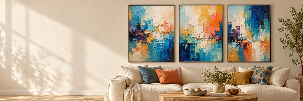 Sunlit living room with three colorful abstract paintings in blue, coral, gold and teal — interior visualization