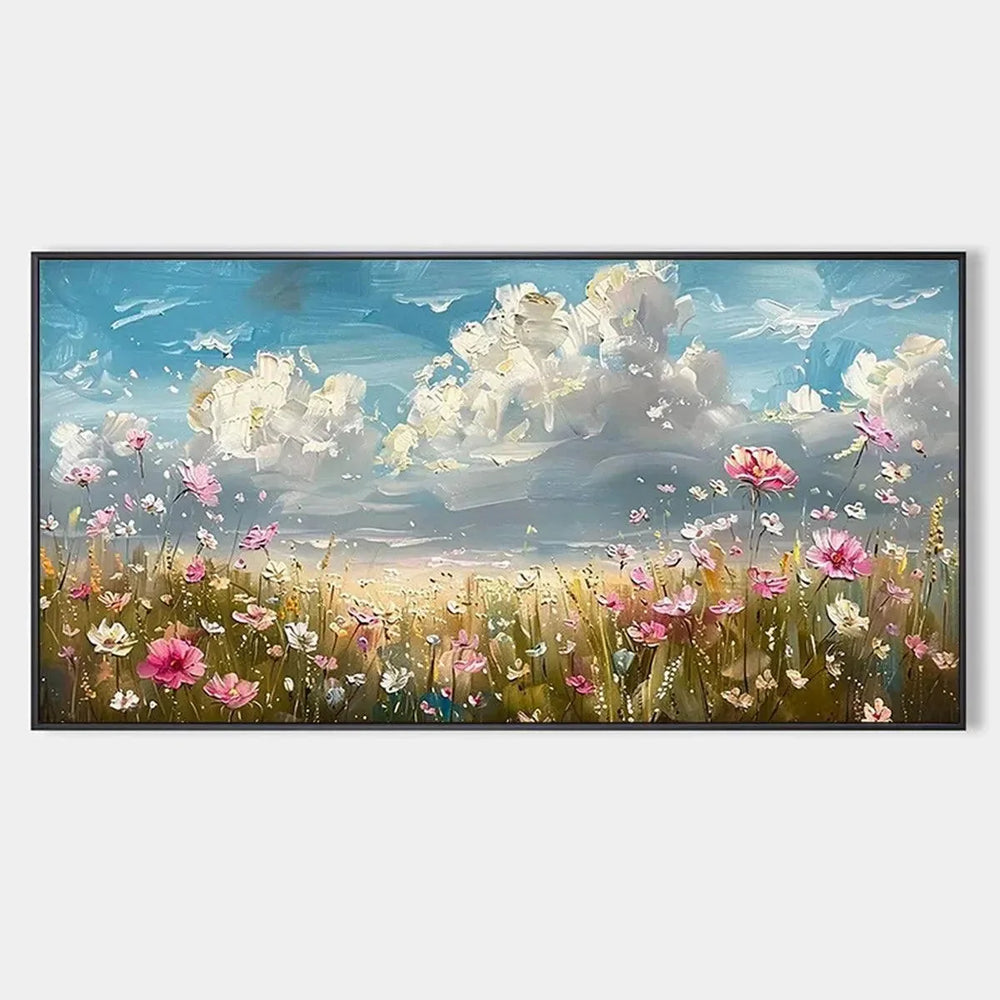 Panoramic wildflower painting reference showing pink and ivory cosmos flowers beneath blue sky and textured white clouds