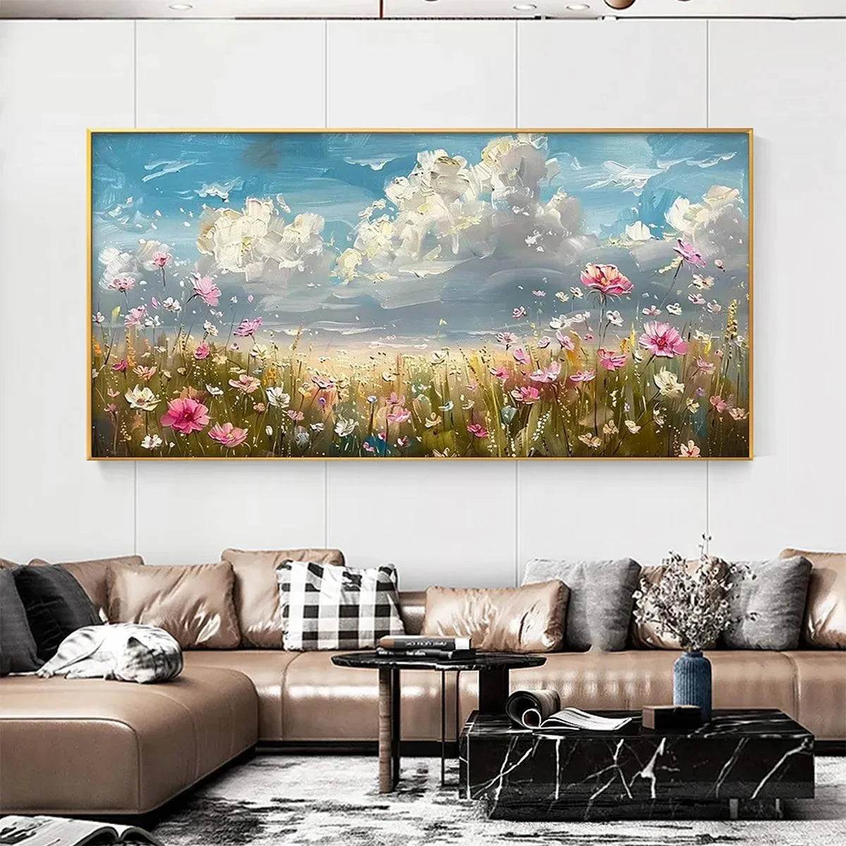 Cosmos Field: Textured Wildflower Landscape Oil Painting — reference gallery image 2. Room styling and framing are illustrative.
