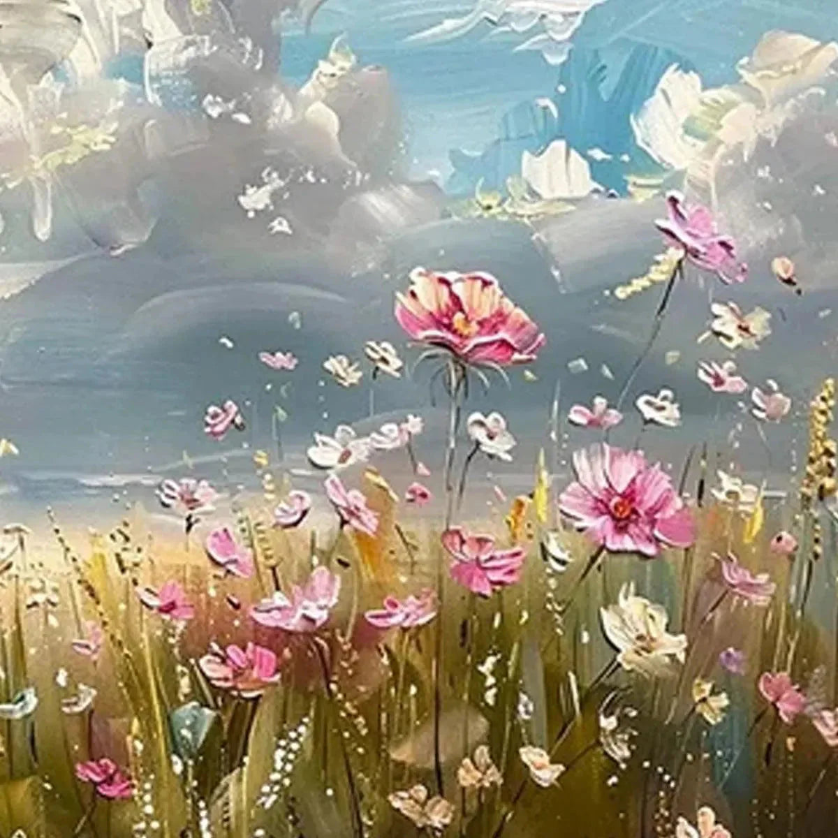Cosmos Field: Textured Wildflower Landscape Oil Painting — reference gallery image 3. Room styling and framing are illustrative.