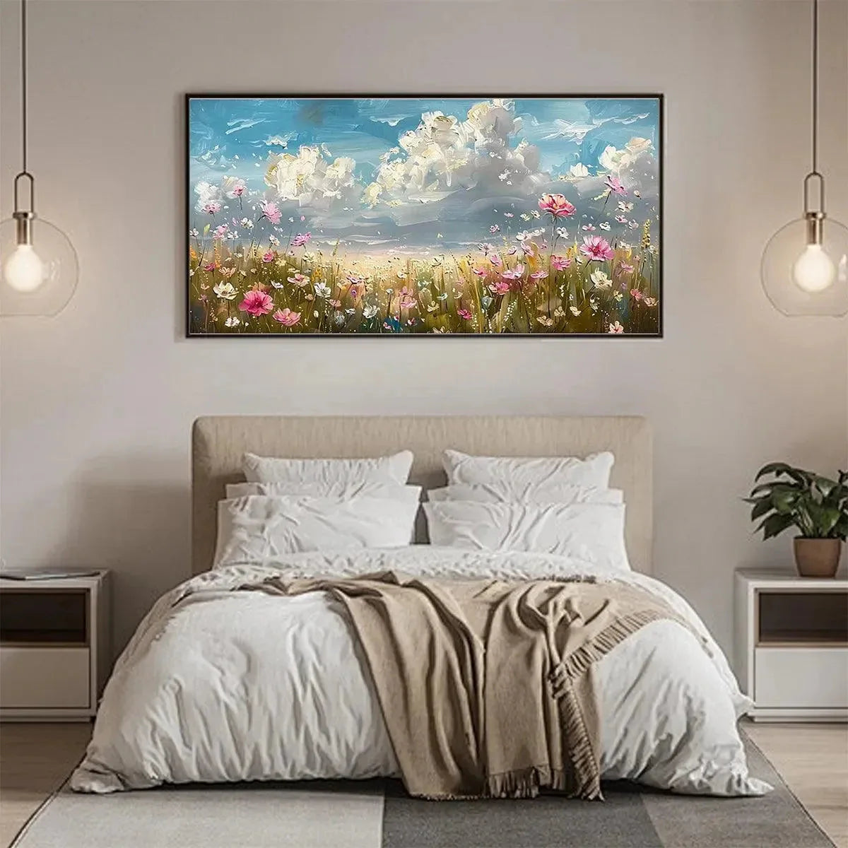 Cosmos Field: Textured Wildflower Landscape Oil Painting — reference gallery image 4. Room styling and framing are illustrative.