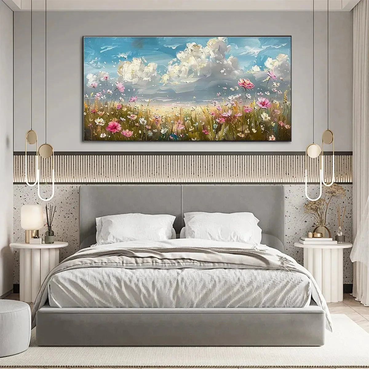 Cosmos Field: Textured Wildflower Landscape Oil Painting — reference gallery image 5. Room styling and framing are illustrative.