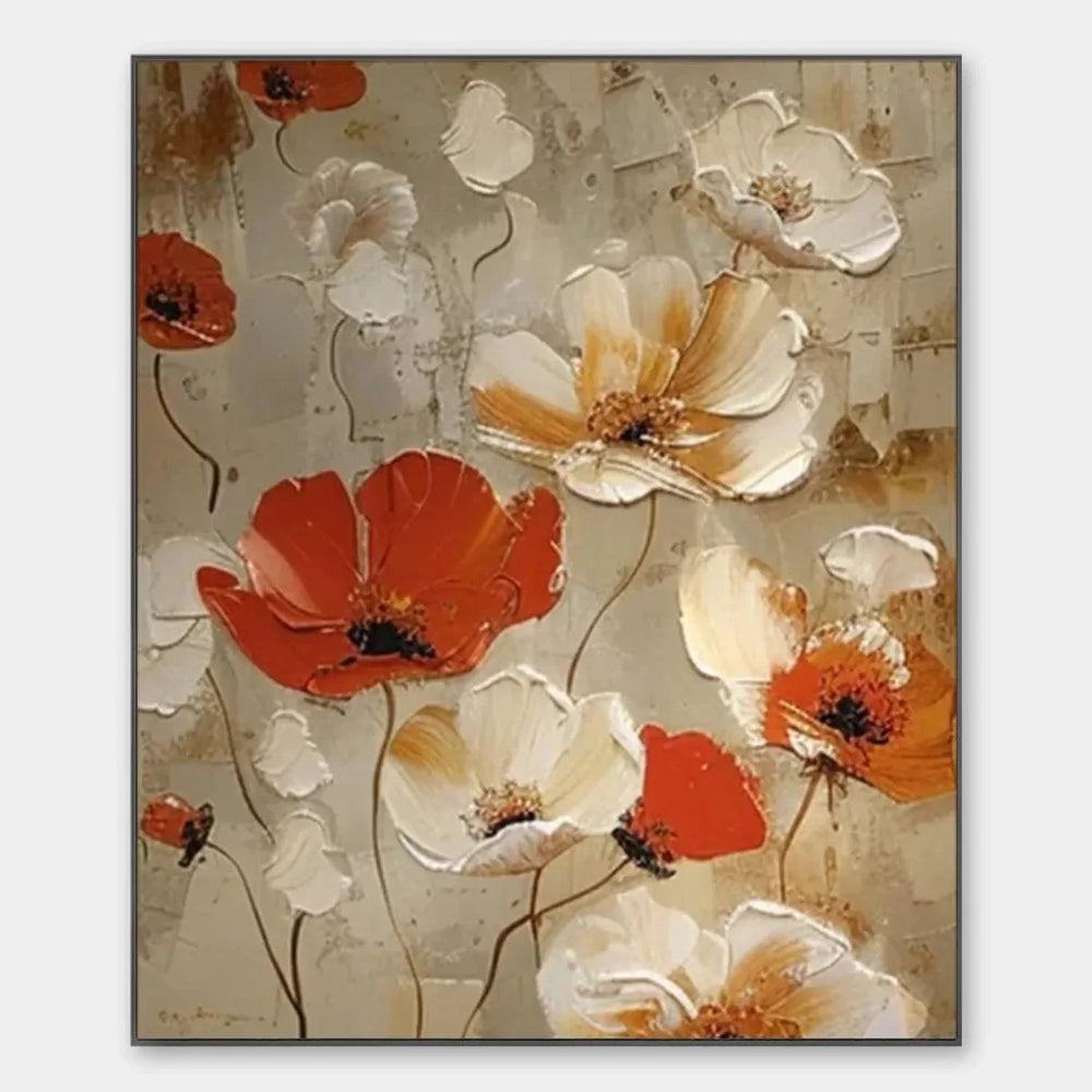 Vertical textured poppy painting reference with red and ivory flowers on a warm beige background