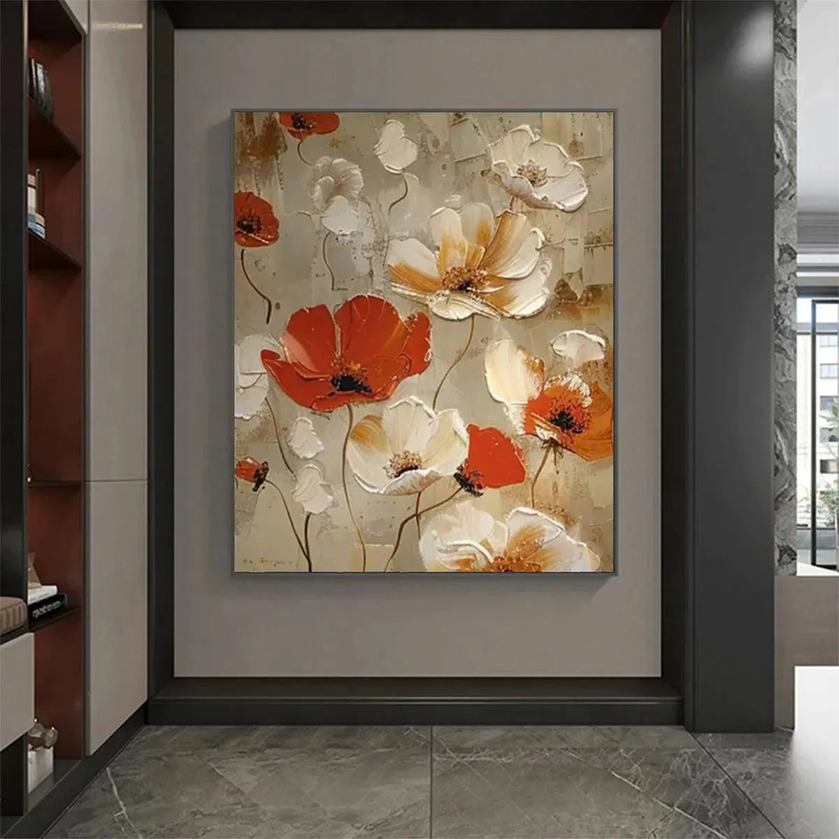 Crimson Fields: Textured Red and Ivory Poppy Oil Painting — reference gallery image 2. Room styling and framing are illustrative.
