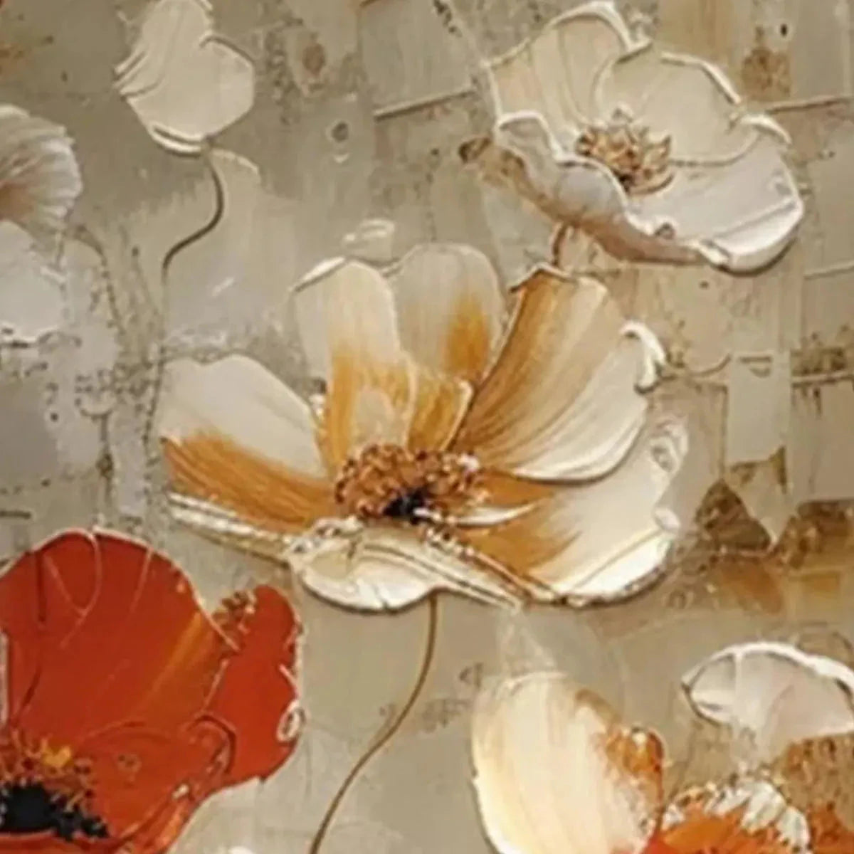 Crimson Fields: Textured Red and Ivory Poppy Oil Painting — reference gallery image 3. Room styling and framing are illustrative.