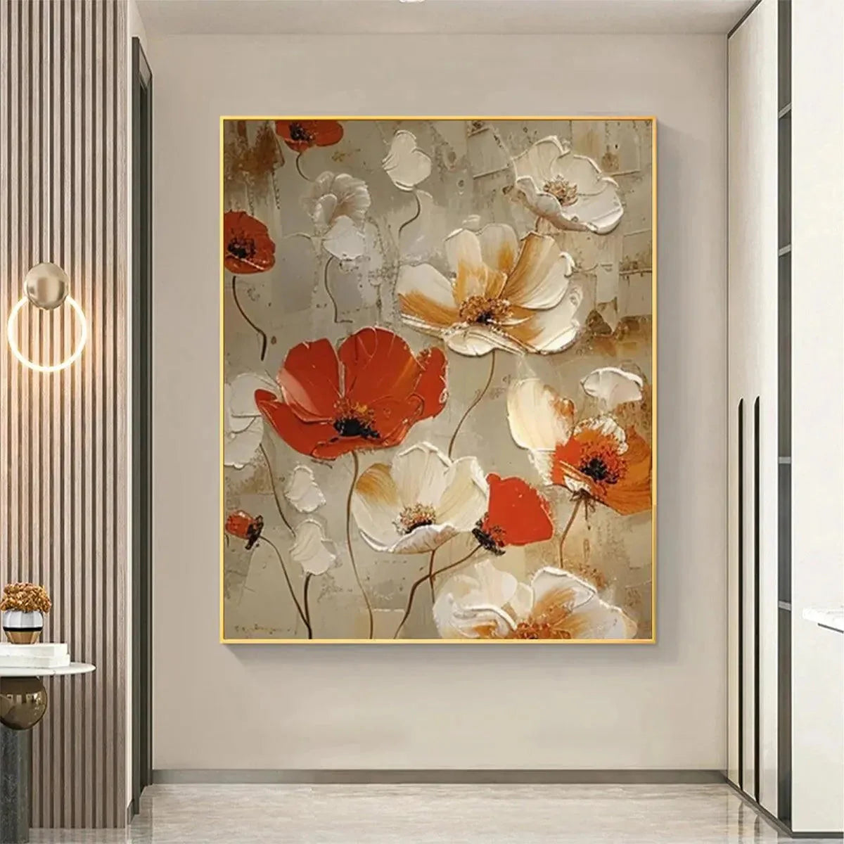 Crimson Fields: Textured Red and Ivory Poppy Oil Painting — reference gallery image 4. Room styling and framing are illustrative.