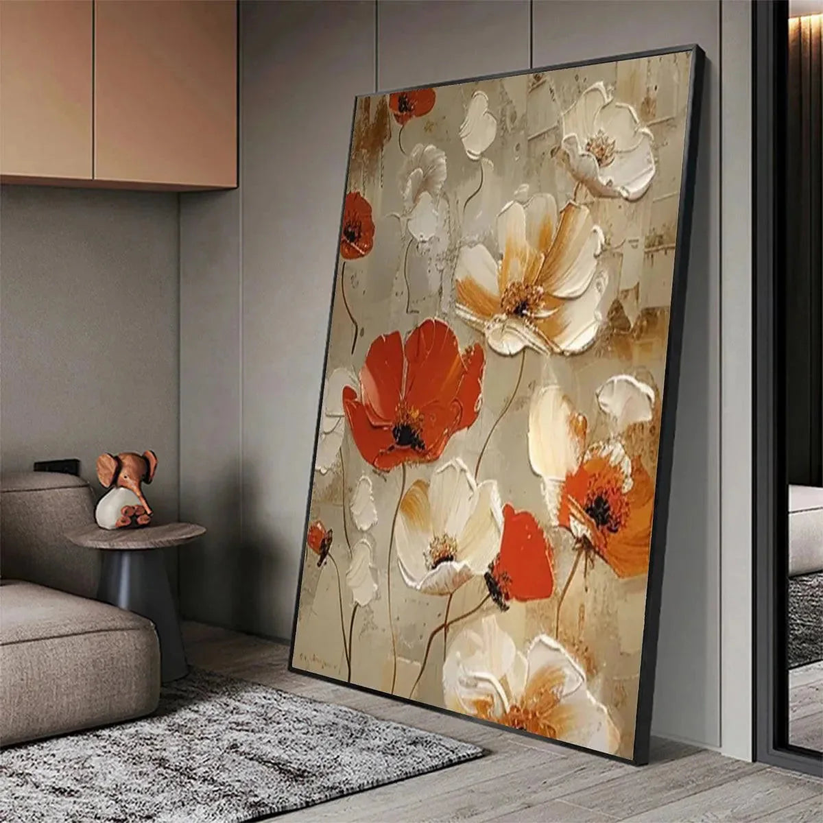 Crimson Fields: Textured Red and Ivory Poppy Oil Painting — reference gallery image 5. Room styling and framing are illustrative.
