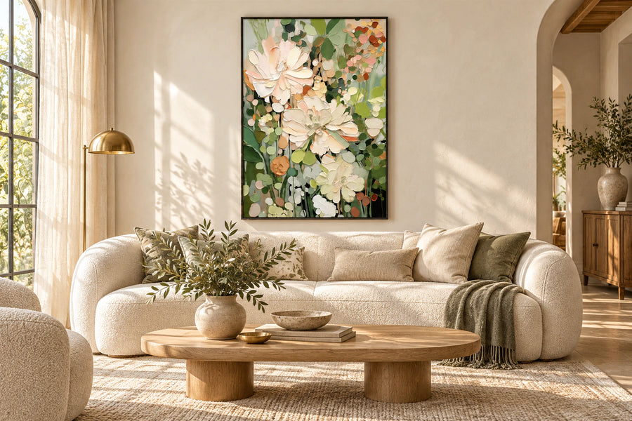 Illustrative oil painting displayed in a warm home