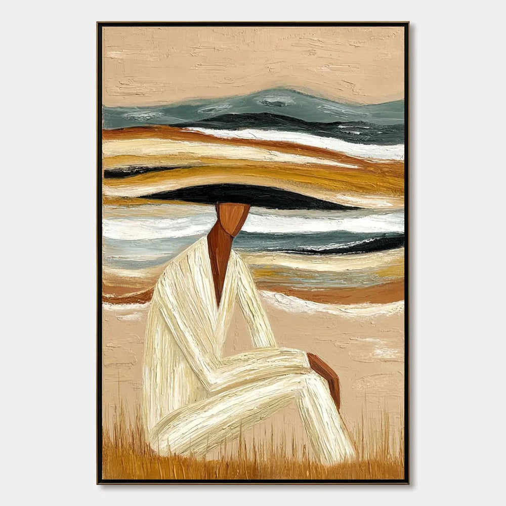 Vertical abstract figurative painting reference showing a seated ivory-clad figure against layered earth-tone bands