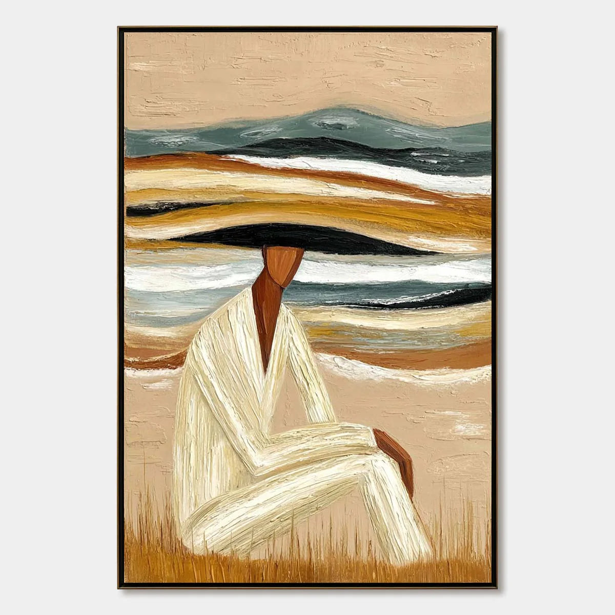 Vertical abstract figurative painting reference showing a seated ivory-clad figure against layered earth-tone bands