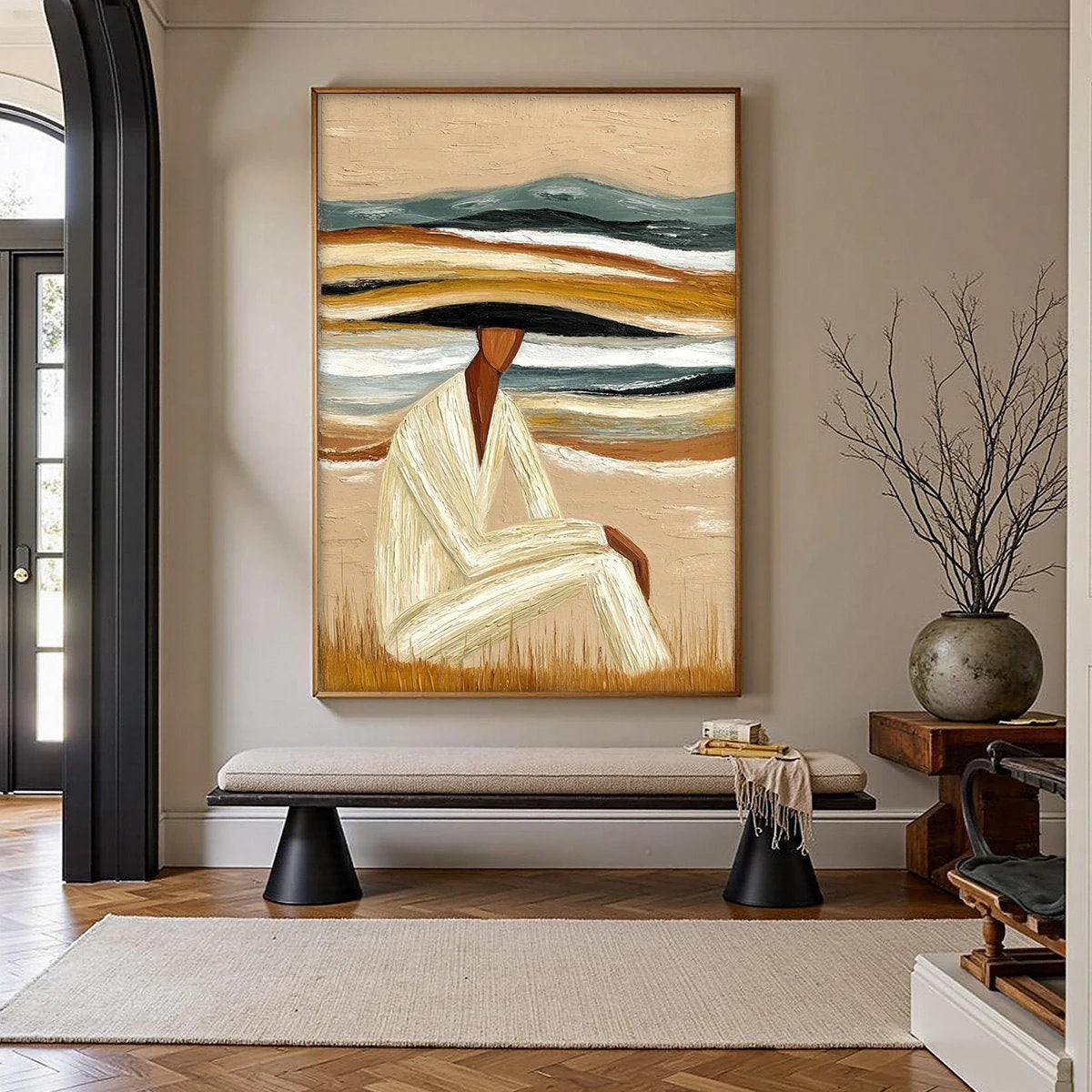 Earthen Repose: Textured Abstract Figurative Oil Painting — reference gallery image 2. Room styling and framing are illustrative.