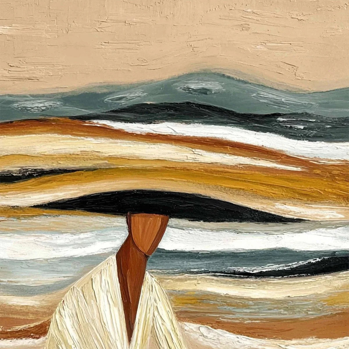 Earthen Repose: Textured Abstract Figurative Oil Painting — reference gallery image 3. Room styling and framing are illustrative.