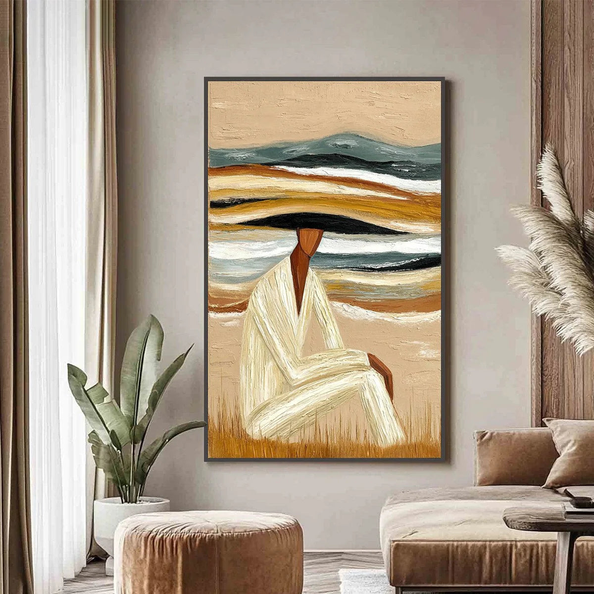 Earthen Repose: Textured Abstract Figurative Oil Painting — reference gallery image 4. Room styling and framing are illustrative.