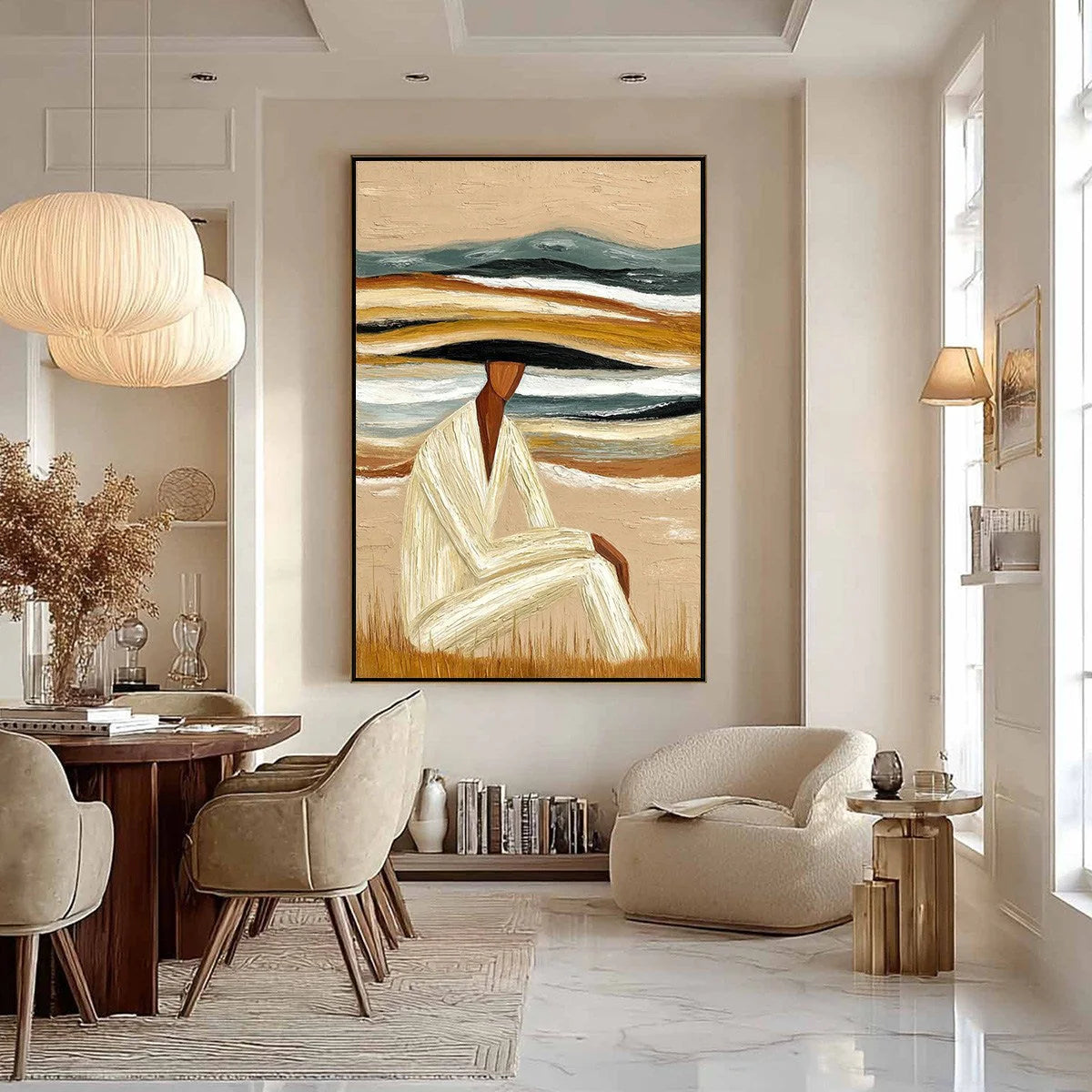 Earthen Repose: Textured Abstract Figurative Oil Painting — reference gallery image 6. Room styling and framing are illustrative.