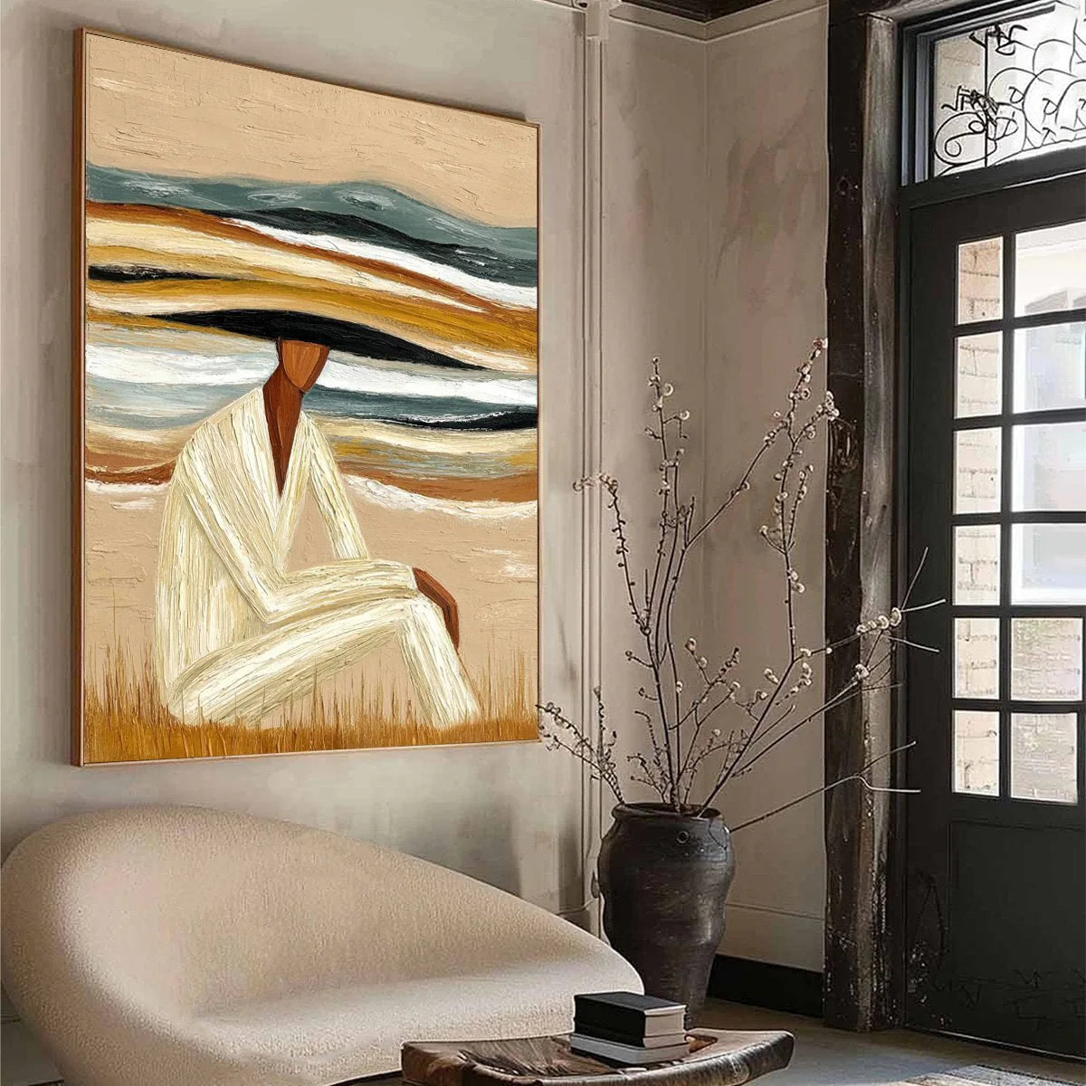 Earthen Repose: Textured Abstract Figurative Oil Painting — reference gallery image 8. Room styling and framing are illustrative.
