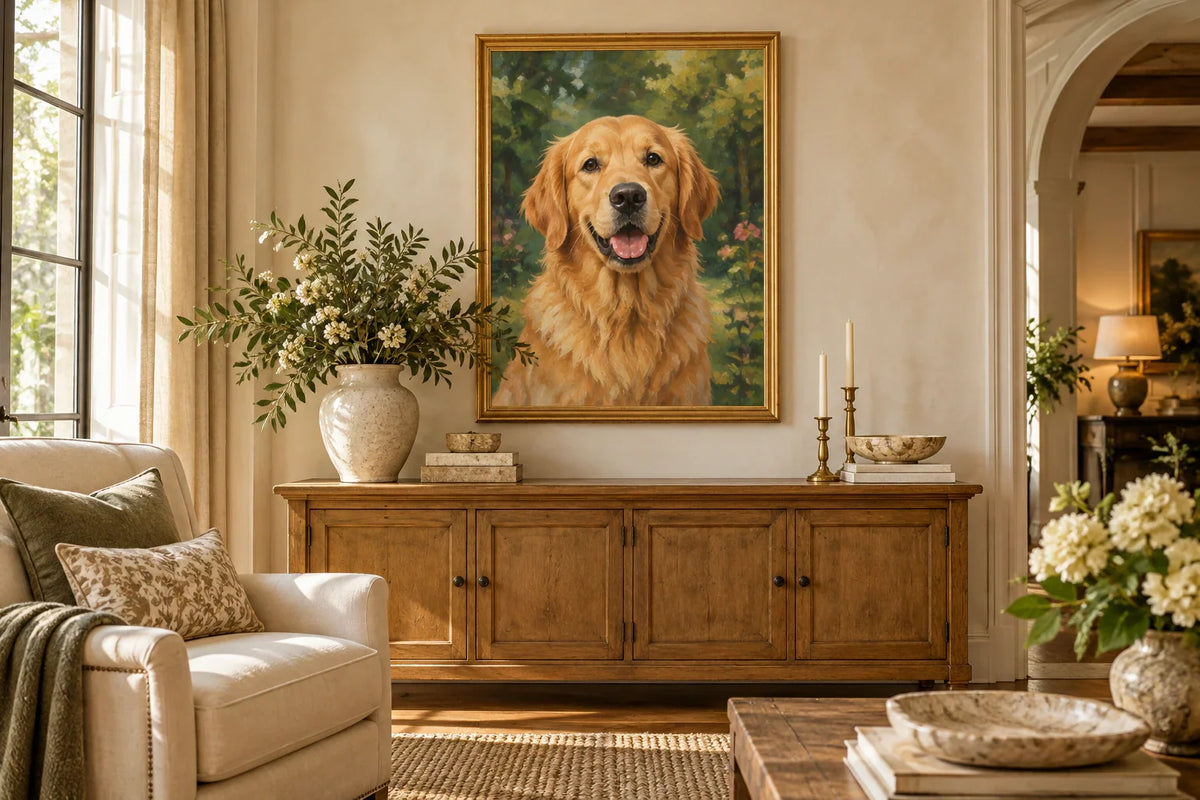 Illustrative oil portrait room visualization — not a customer commission — illustrative example, not a customer commission