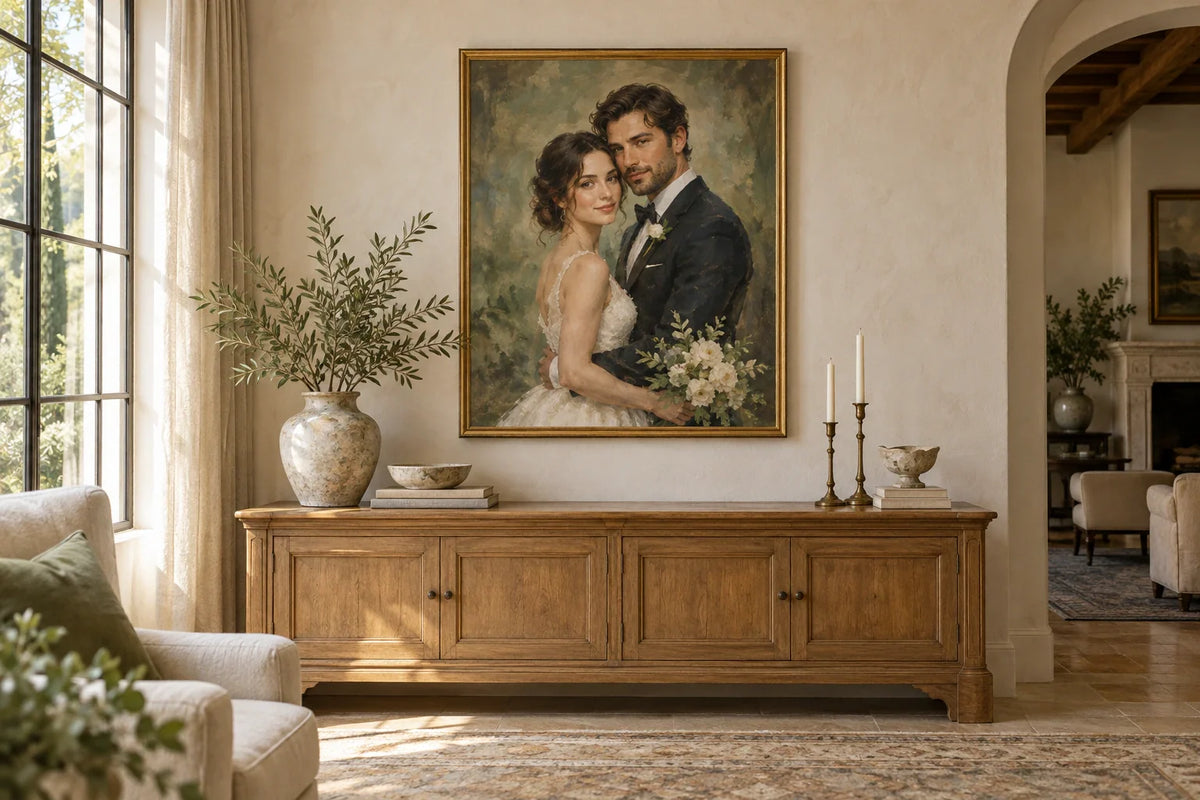 Illustrative oil portrait room visualization — not a customer commission — illustrative example, not a customer commission