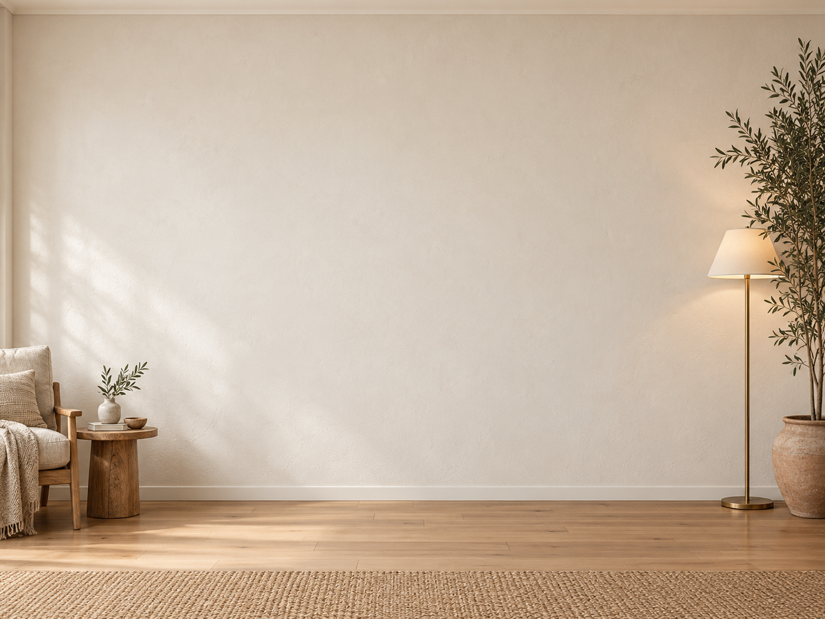Room visualization with an open wall, side chair, lamp and olive tree