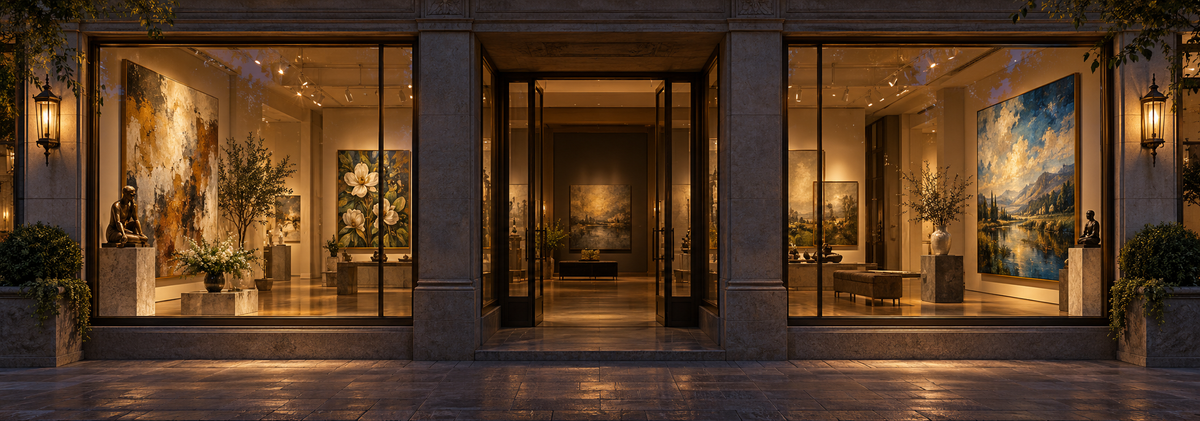 Illustrative warmly lit art gallery exterior