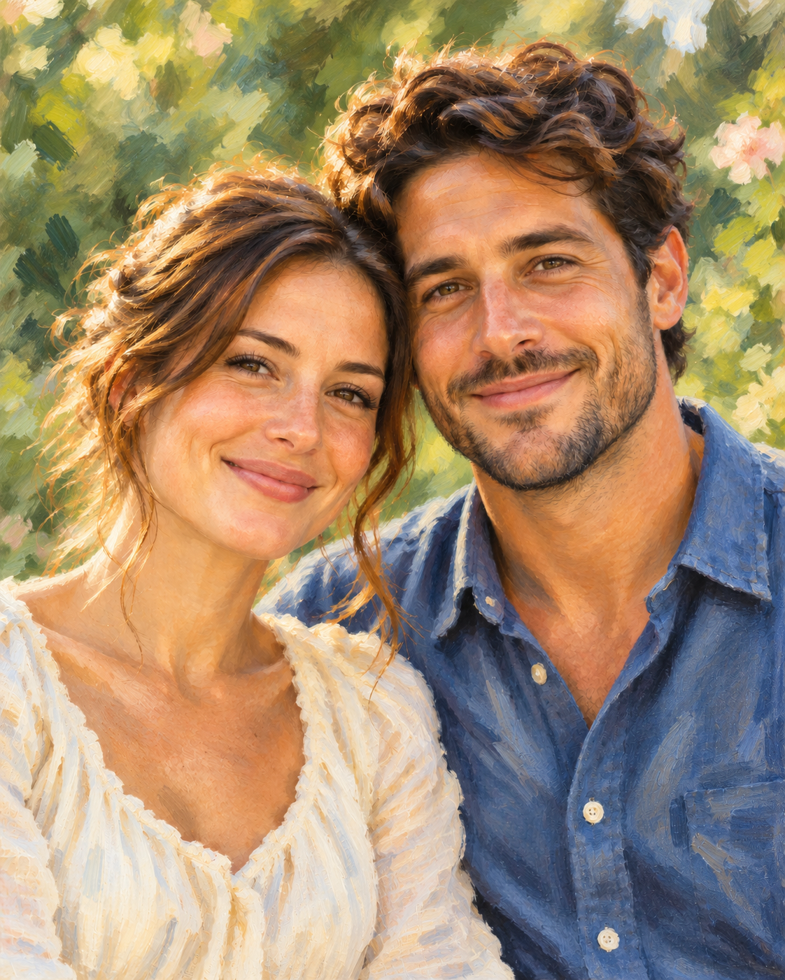 Illustrative Painterly Oil couple portrait with expressive gentle brushwork — illustrative example, not a customer commission