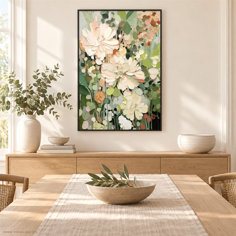 Ivory Bloom design in an AI-generated dining-room visualization; not a customer installation or photograph of a finished painting.